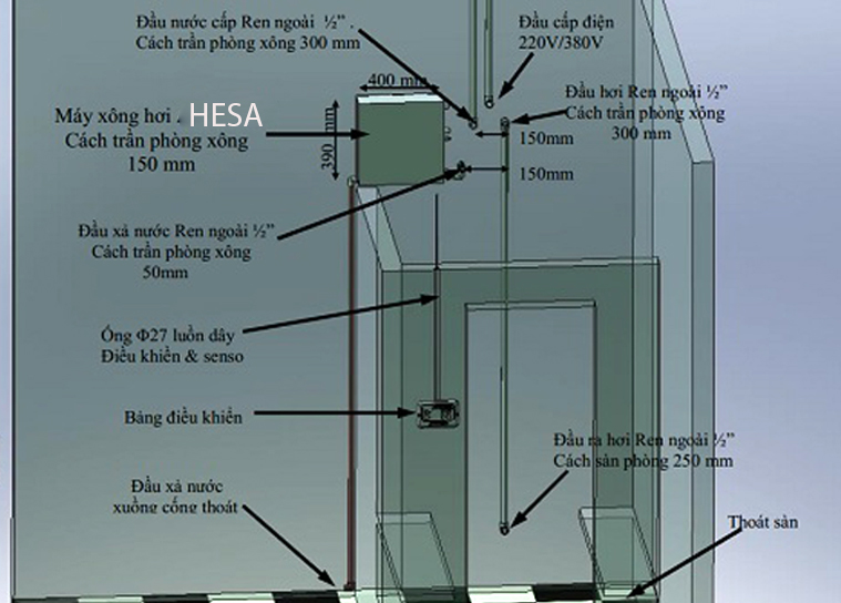 sơ đồ lắp đặt máy xông hơi Máy Xông Hơi Ướt HESA Sauna Steam Machine Công Suất 9kW
