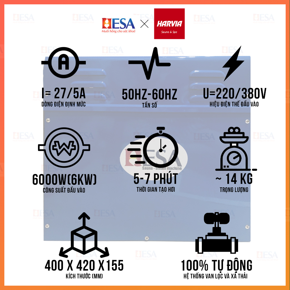 	 Máy Xông Hơi Ướt Hesa Sauna Steam Machine Công Suất 6KW Thiết Kế Tinh Tế Phù Hợp Cho Mọi Công Trình